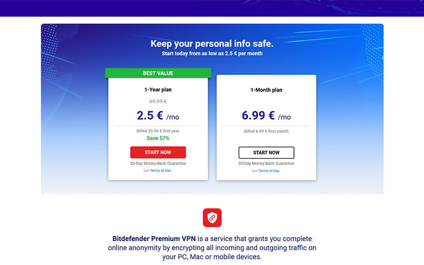 Übersicht über die Abos und Preise von Bitdefender Premium VPN.