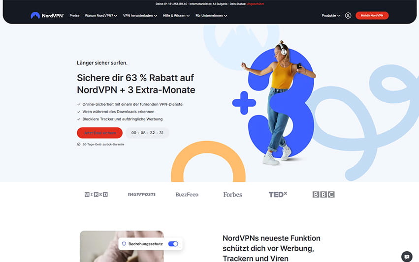 Bild von der Startseite des VPN Anbieters NordVPN